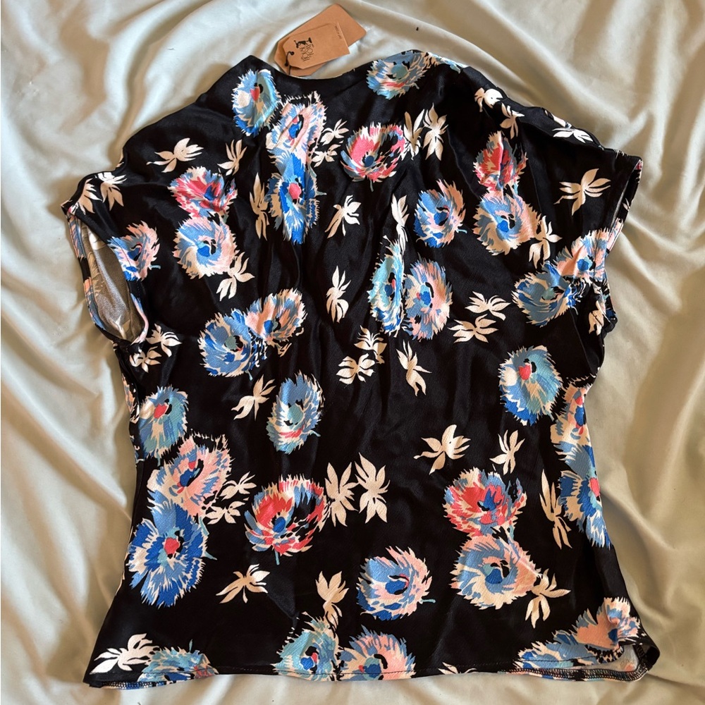 Retro Blue and Pink Floral Blouse in Sumptuous Satin